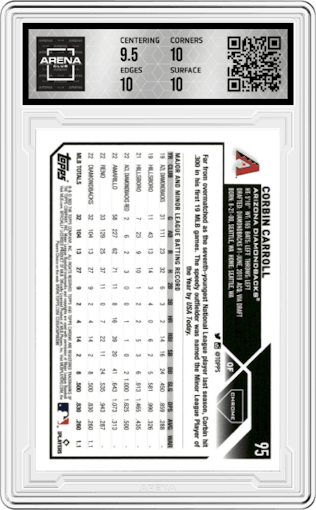 Corbin Carroll from the 2023 Topps Chrome Logofractor Edition set featuring a Green Refractor parallel graded by Arena Club and given an overall grade of 10.