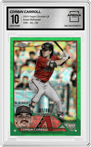 Corbin Carroll from the 2023 Topps Chrome Logofractor Edition set featuring a Green Refractor parallel graded by Arena Club and given an overall grade of 10.