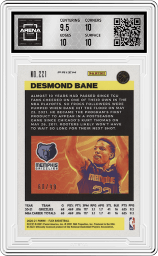 Desmond Bane from the 2020-21 Panini Flux set featuring a Blue Mojo parallel graded by Arena Club and given an overall grade of 10.