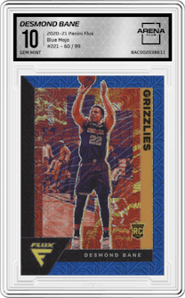 Desmond Bane from the 2020-21 Panini Flux set featuring a Blue Mojo parallel graded by Arena Club and given an overall grade of 10.