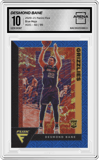 Desmond Bane from the 2020-21 Panini Flux set featuring a Blue Mojo parallel graded by Arena Club and given an overall grade of 10.