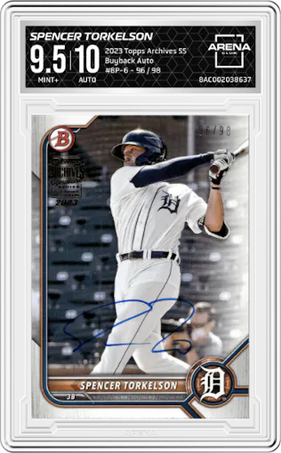 Spencer Torkelson from the 2023 Topps Archives Signature Series Active Player Edition  set graded by Arena Club and given an overall grade of 9.5.