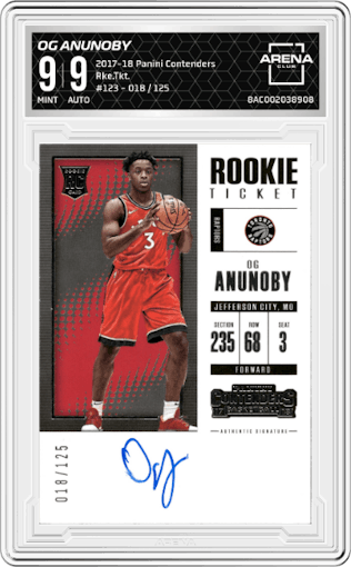 Og Anunoby from the 2017-18 Panini Contenders set graded by Arena Club and given an overall grade of 9.