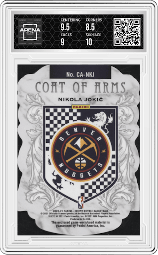 Nikola Jokic from the 2020-21 Panini Crown Royale set featuring a Prime parallel graded by Arena Club and given an overall grade of 9.