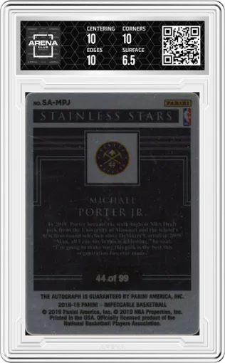 Michael Porter Jr. from the 2018-19 Panini Impeccable  set graded by Arena Club and given an overall grade of 7.