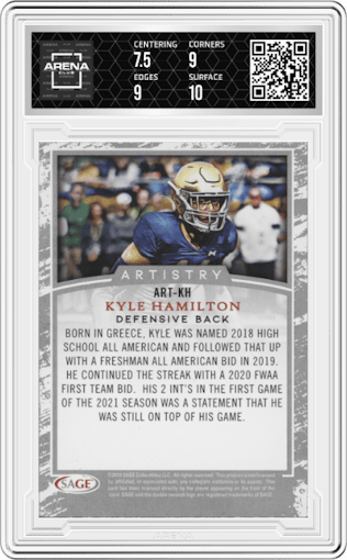 Kyle Hamilton from the 2022 SAGE set graded by Arena Club and given an overall grade of 8.