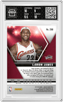 LeBron James from the 2019-20 Panini Mosaic  set graded by Arena Club and given an overall grade of 9.5.