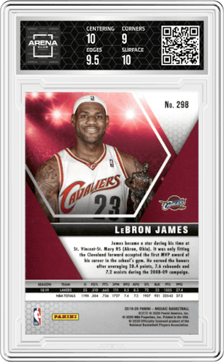 LeBron James from the 2019-20 Panini Mosaic  set graded by Arena Club and given an overall grade of 9.5.