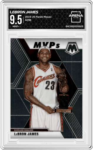 LeBron James from the 2019-20 Panini Mosaic  set graded by Arena Club and given an overall grade of 9.5.