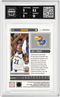 Joel Embiid from the 2022-23 Panini Chronicles Draft Picks set graded by Arena Club and given an overall grade of 9.