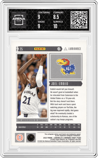 Joel Embiid from the 2022-23 Panini Chronicles Draft Picks set graded by Arena Club and given an overall grade of 9.