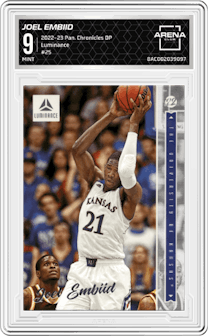 Joel Embiid from the 2022-23 Panini Chronicles Draft Picks set graded by Arena Club and given an overall grade of 9.