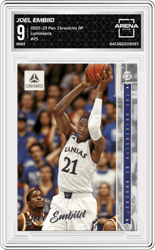 Joel Embiid from the 2022-23 Panini Chronicles Draft Picks set graded by Arena Club and given an overall grade of 9.