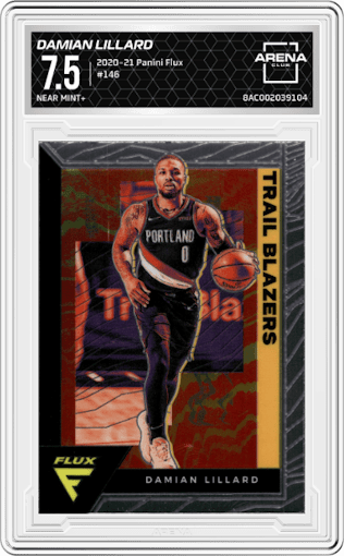 Damian Lillard from the 2020-21 Panini Flux set graded by Arena Club and given an overall grade of 7.5.