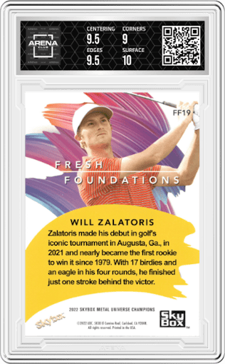Will Zalatoris from the 2022 Skybox Metal Universe Champions Multi-Sport set graded by Arena Club and given an overall grade of 9.5.