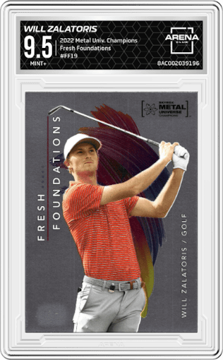 Will Zalatoris from the 2022 Skybox Metal Universe Champions Multi-Sport set graded by Arena Club and given an overall grade of 9.5.