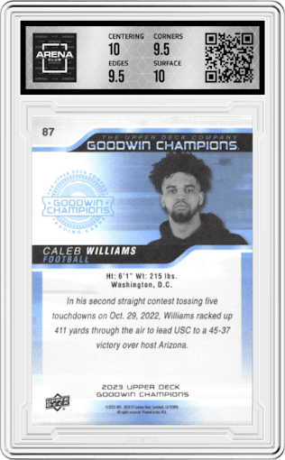 Caleb Williams from the 2023 Upper Deck Goodwin Champions set graded by Arena Club and given an overall grade of 10.