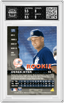 Derek Jeter from the 1996 Pinnacle set graded by Arena Club and given an overall grade of 8.5.