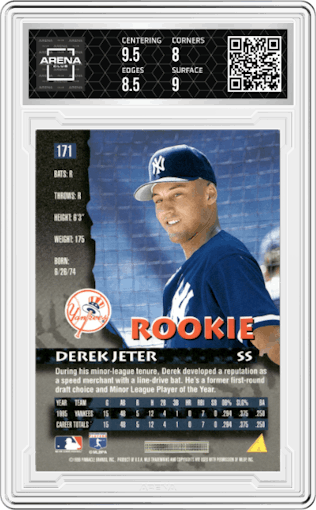 Derek Jeter from the 1996 Pinnacle set graded by Arena Club and given an overall grade of 8.5.