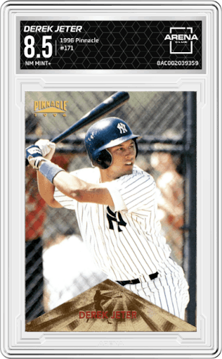 Derek Jeter from the 1996 Pinnacle set graded by Arena Club and given an overall grade of 8.5.