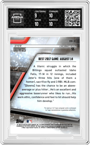 Jeter Downs from the 2018 Bowman’s Best set graded by Arena Club and given an overall grade of 9.5.