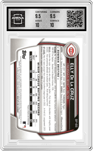 Elly De La Cruz from the 2023 Bowman  set graded by Arena Club and given an overall grade of 10.