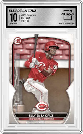 Elly De La Cruz from the 2023 Bowman  set graded by Arena Club and given an overall grade of 10.