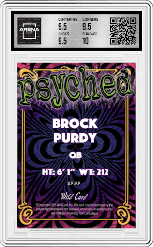 Brock Purdy from the 2023 Wild Card Alumination set graded by Arena Club and given an overall grade of 10.