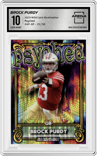 Brock Purdy from the 2023 Wild Card Alumination set graded by Arena Club and given an overall grade of 10.