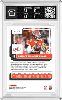 Patrick Mahomes II from the 2022 Panini Donruss set featuring a Press Proof Premium parallel graded by Arena Club and given an overall grade of 9.5.