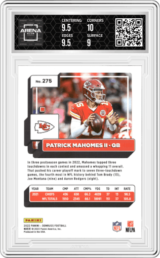 Patrick Mahomes II from the 2022 Panini Donruss set featuring a Press Proof Premium parallel graded by Arena Club and given an overall grade of 9.5.