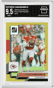 Patrick Mahomes II from the 2022 Panini Donruss set featuring a Press Proof Premium parallel graded by Arena Club and given an overall grade of 9.5.
