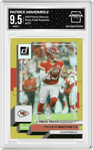 Patrick Mahomes II from the 2022 Panini Donruss set featuring a Press Proof Premium parallel graded by Arena Club and given an overall grade of 9.5.