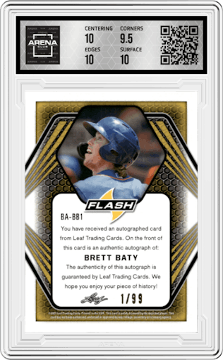 Brett Baty from the 2021 Leaf Flash set featuring a Navy parallel graded by Arena Club and given an overall grade of 10.