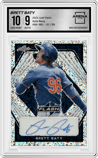 Brett Baty from the 2021 Leaf Flash set featuring a Navy parallel graded by Arena Club and given an overall grade of 10.