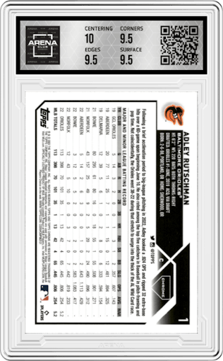 Adley Rutschman from the 2023 Topps Chrome set featuring a Prism Refractor parallel graded by Arena Club and given an overall grade of 10.