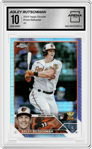 Adley Rutschman from the 2023 Topps Chrome set featuring a Prism Refractor parallel graded by Arena Club and given an overall grade of 10.