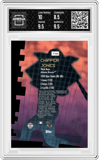 Chipper Jones from the 1999 Stadium Club set featuring a Luminescent parallel graded by Arena Club and given an overall grade of 9.