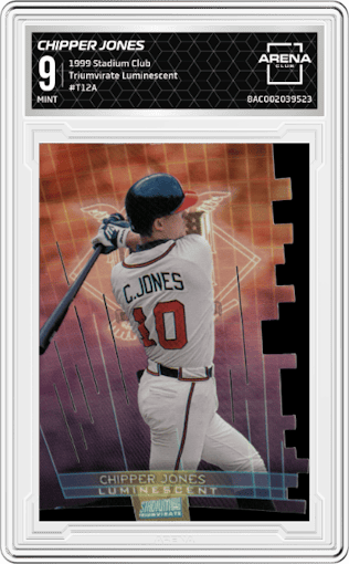 Chipper Jones from the 1999 Stadium Club set featuring a Luminescent parallel graded by Arena Club and given an overall grade of 9.