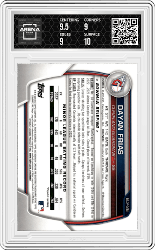 Dayan Frias from the 2023 Bowman Mega Box set graded by Arena Club and given an overall grade of 9.5.