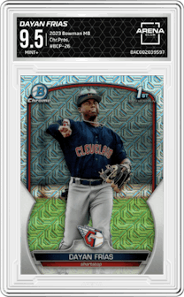 Dayan Frias from the 2023 Bowman Mega Box set graded by Arena Club and given an overall grade of 9.5.