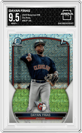 Dayan Frias from the 2023 Bowman Mega Box set graded by Arena Club and given an overall grade of 9.5.