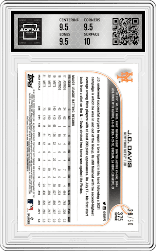 J.D. Davis from the 2022 Topps Chrome Sapphire Edition  set featuring a Gold parallel graded by Arena Club and given an overall grade of 10.