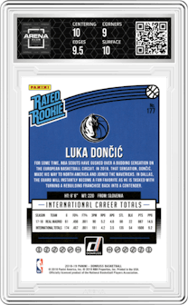 Luka Doncic from the 2018-19 Panini Donruss  set graded by Arena Club and given an overall grade of 9.5.