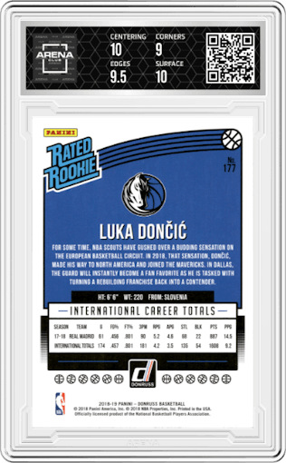 Luka Doncic from the 2018-19 Panini Donruss  set graded by Arena Club and given an overall grade of 9.5.