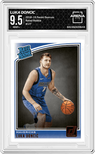 Luka Doncic from the 2018-19 Panini Donruss  set graded by Arena Club and given an overall grade of 9.5.