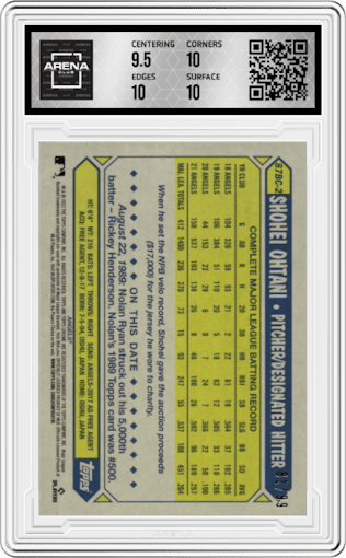 Shohei Ohtani from the 2022 Topps Chrome Ben Baller set featuring a Green Refractor parallel graded by Arena Club and given an overall grade of 10.