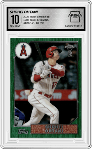 Shohei Ohtani from the 2022 Topps Chrome Ben Baller set featuring a Green Refractor parallel graded by Arena Club and given an overall grade of 10.