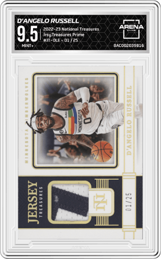 D'Angelo Russell from the 2022-23 Panini National Treasures set featuring a Prime parallel graded by Arena Club and given an overall grade of 9.5.