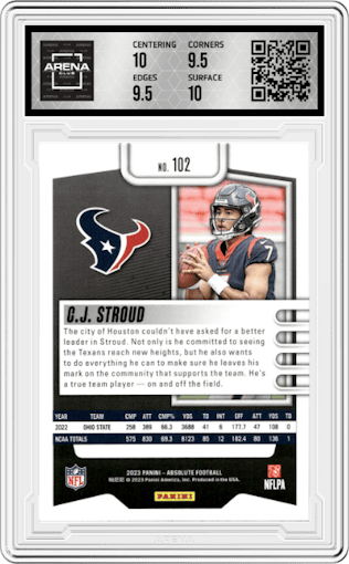 C.J. Stroud from the 2023 Panini Absolute set graded by Arena Club and given an overall grade of 10.